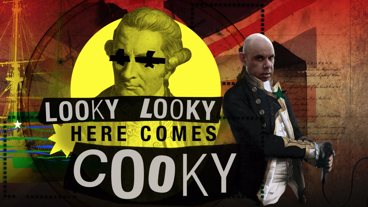 Illustration of James Cook with Steven Oliver standing nearby 